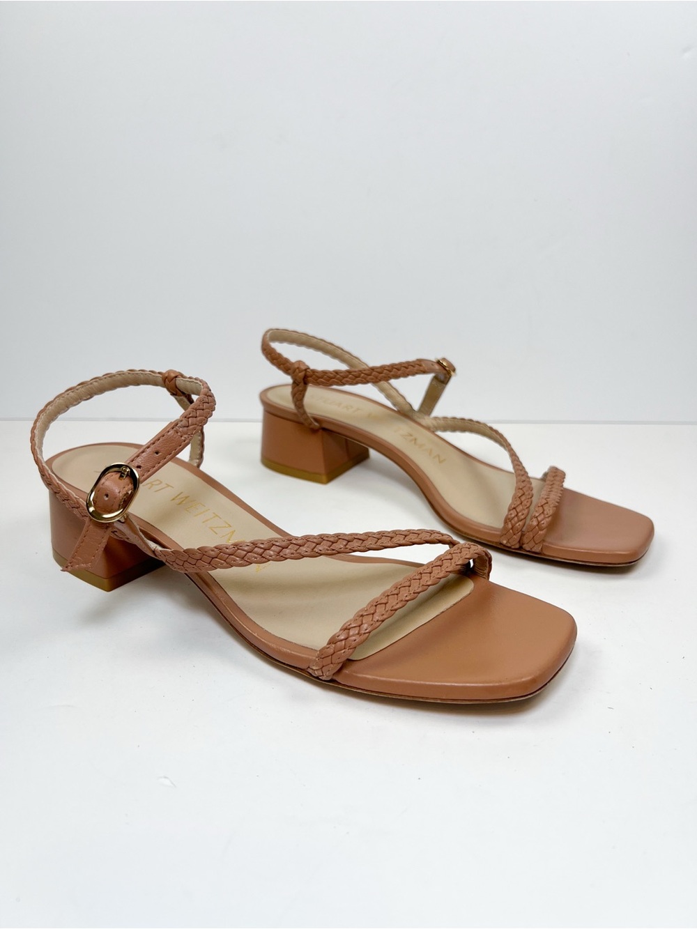 Stuart Weitzman Wovette 35 Flareblock Heel Sandal Brown Leather size 6.5B